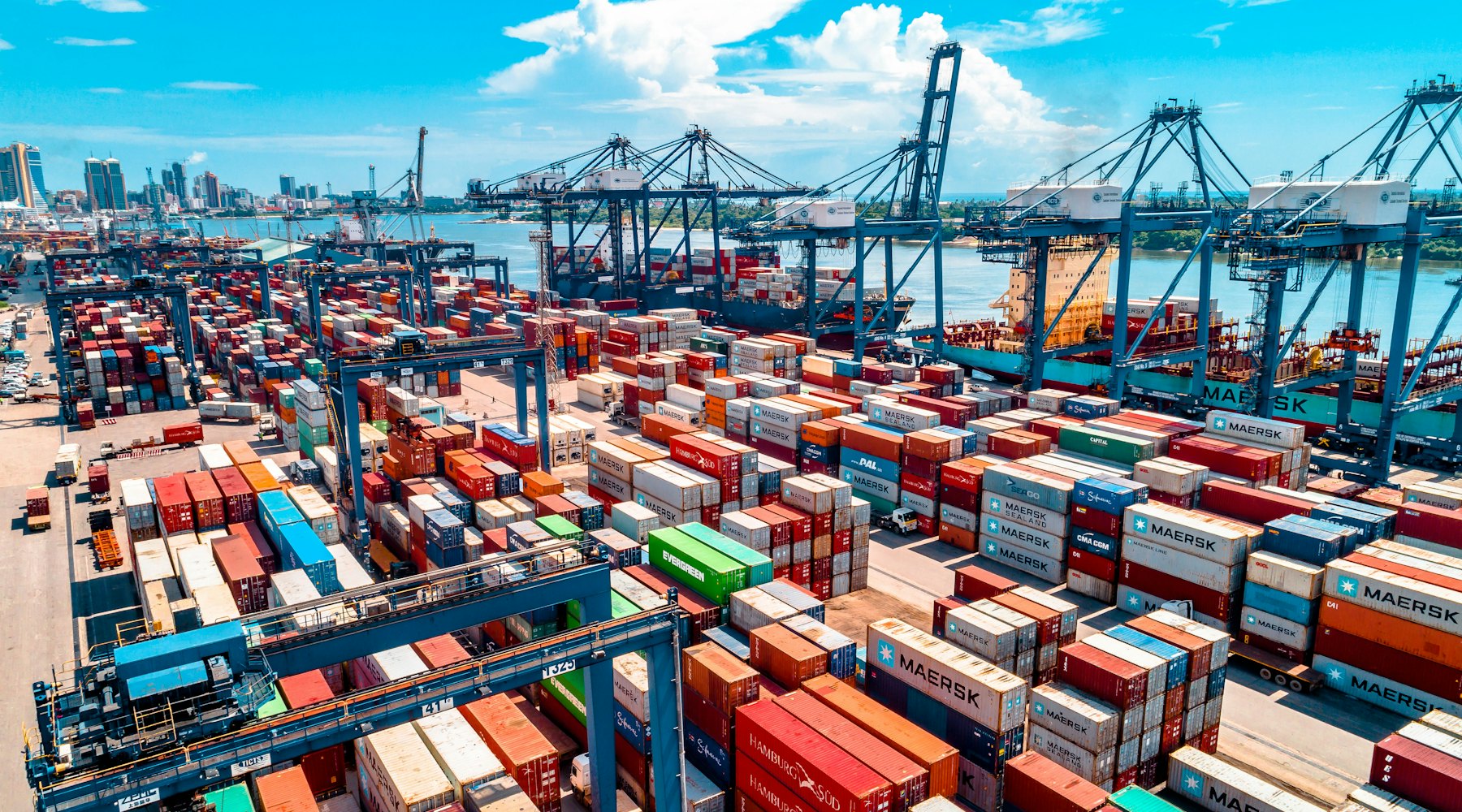 Shipping containers stacked at a container port