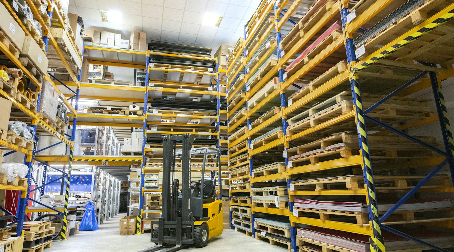 Pallets of ambient food stock in a UK distribution warehouse