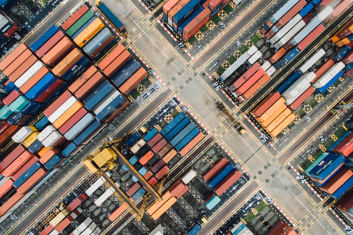 Containers awaiting loading at a freight terminal